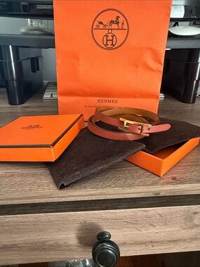 Hermes Brown Double Tour Leather Bracelet with Gold Buckle